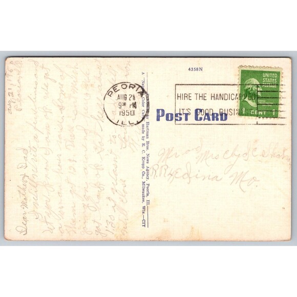 Postcard Illinois Peoria Glen Oak Park Lagoon Bird island Boats Lake Linen 1950 - Picture 2 of 2